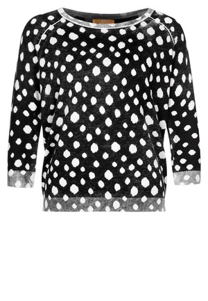 Sort sweater med uregelmæssige hvide prikker, rund hals og trekvartærmer, med grå ribkant og manchetter.