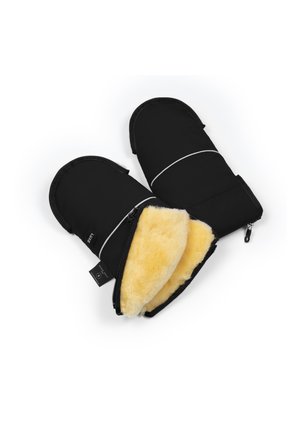 Zwarte wanten met een fluffy gele voering, voorzien van een ritsluiting en witte accenten, gemaakt van geïsoleerd materiaal voor warmte.