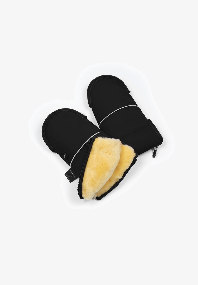 Zwarte wanten met een fluffy gele voering, voorzien van een ritsluiting en witte accenten, gemaakt van geïsoleerd materiaal voor warmte.