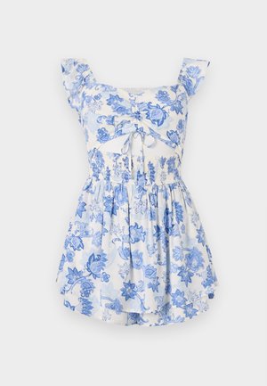 Floral dress with blue and white patterns. Features ruffled short sleeves, smocked waist, and a tie detail at the bust. A-line silhouette.