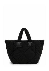 Black quilted tote bag with two padded handles, square leather accents, and a soft texture. No visible branding or patterns.