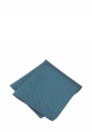 Turquoise fabric pocket square with a textured pattern of small white dots, neatly folded in a layered arrangement.