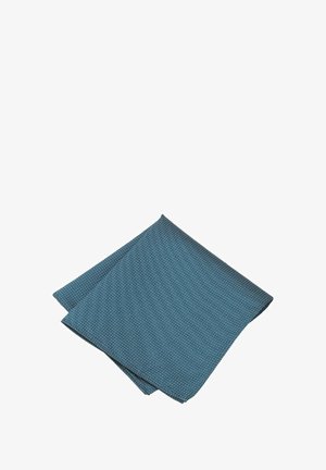 Turquoise fabric pocket square with a textured pattern of small white dots, neatly folded in a layered arrangement.