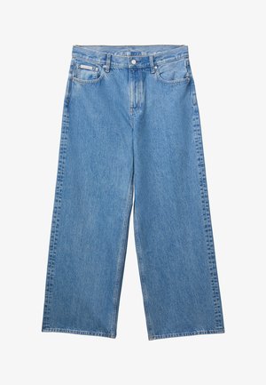 Μπλε τζιν παντελόνια με φαρδιά μπατζάκια, εμπρόσθιο κουμπί και φερμουάρ, θηλιές για ζώνη και ετικέτα Calvin Klein στην μικρή μπροστινή τσέπη.