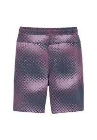 Fialové a tmavošedé šortky s vzorom a gradientovým bodovým dizajnom. Obsahujú elastický pás pre pohodlie. Materiál vyzerá ľahký a flexibilný.
