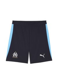 Sorte sportsbukser med lyseblå sideløsninger, elastisk talje, med Marseille-logoet og Puma-logoet i hvid. Polyester materiale.