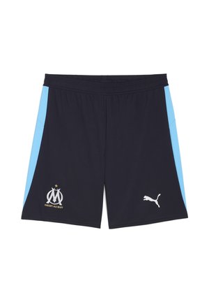 Sorte sportsbukser med lyseblå sideløsninger, elastisk talje, med Marseille-logoet og Puma-logoet i hvid. Polyester materiale.