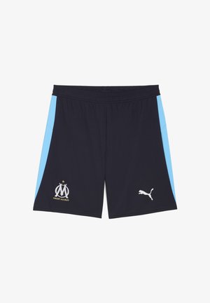 Sorte sportsbukser med lyseblå sideløsninger, elastisk talje, med Marseille-logoet og Puma-logoet i hvid. Polyester materiale.