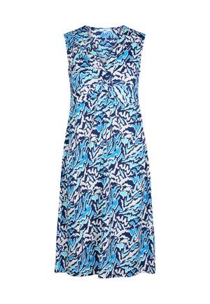 Mouwloze jurk met een golvend blauw-wit patroon, voorzien van een gedraaide detail aan de voorkant voor een ontspannen pasvorm.