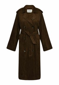 Bruine suede trenchcoat met een ceintuur in de taille, dubbelzijdig ontwerp, brede mouwen en schouderepauletten. Heeft een minimalistisch merkembleem.