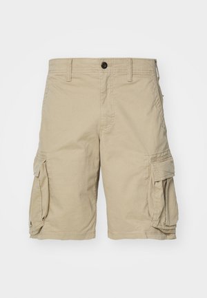 Shorts cargo bej din material de bumbac, având buzunare laterale, închidere cu nasture și un design cu croială dreaptă. Textură netedă.