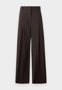 Pantaloni negri cu croi larg și talie înaltă, cu plii frontale, textură netedă și un design minimalist.