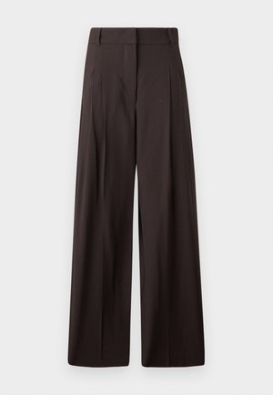 Sorte vide benbukser med høy midje, med frontplisser, en glatt tekstur og et minimalistisk design.