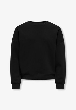 En simpel sort crewneck-sweatshirt med lange ærmer og ribstrikkede manchetter og kant, vist på hvid baggrund.