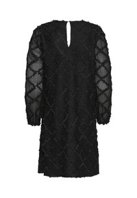 Sort kjole med et struktureret diamantmønster, lange ærmer og en nøglehulslukning i ryggen. Lavet af gennemsigtigt materiale med et lagdelt udseende.