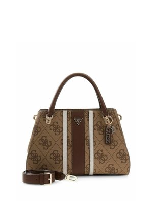 Brown and beige handbag with monogram pattern, dual top handles, removable shoulder strap, and decorative branded tag on front.