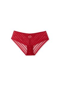 Slip rosso in pizzo con un motivo floreale, caratterizzato da lati trasparenti e un pannello posteriore solido. Morbida texture e vita elastica.
