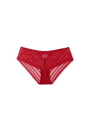 Braga roja de encaje con un patrón floral, que presenta laterales transparentes y un panel trasero sólido. Textura suave y cintura elástica.