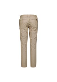 Beige katoenen broeken met een rechte snit. Kenmerken zijn onder andere achterzakken en subtiele stikseldetails. Gladde textuur met een strakke uitstraling.