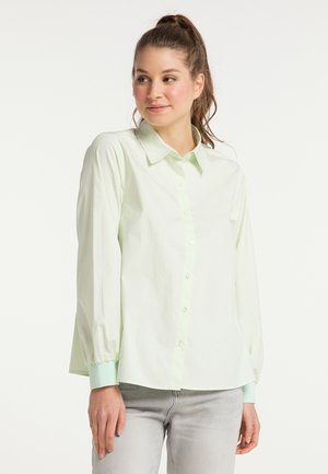 Giovane donna con una coda alta che indossa una camicetta verde chiaro con bottoni e jeans grigi chiari, guarda leggermente a sinistra.