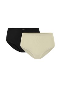 Due coppie di slip da donna. Una è nera, l'altra è beige chiaro. Entrambi sono realizzati in un tessuto morbido ed elasticizzato con un design a vita alta.
