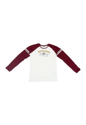 White and maroon long-sleeve raglan shirt with "GRYFFINDOR" text and crest logo on the chest.