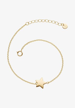 Zlatý náramok s hviezdičkovým príveskom, zložitými článkami a karabínkou. Hladký povrch s lesklým povrchom.