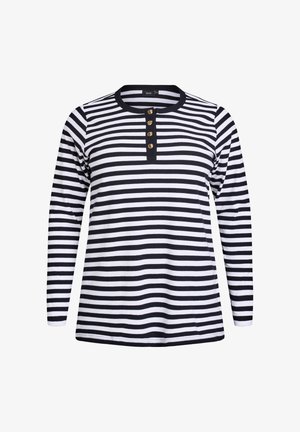 Zwart-wit gestreepte longsleeve shirt met een ronde halslijn, drie-knoopsluiting en geribbelde textuur. Casual ontwerp met een relaxte pasvorm.