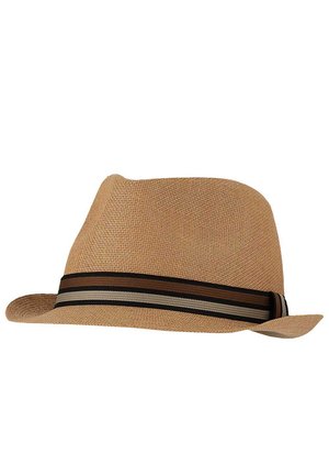 Light brown woven fedora hat with a black, brown, and gray striped fabric band around the base of the crown.