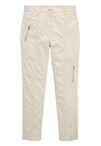 Pantalon beige coupe slim avec deux poches avant zippées, passants pour ceinture, fermeture à double bouton et détails de panneaux cousus.