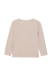 Helles rosa Langarmshirt mit Rundhalsausschnitt und subtiler Textur. Verfügt über kleine Rüschen an den Schulternähten und einen geraden Saum.