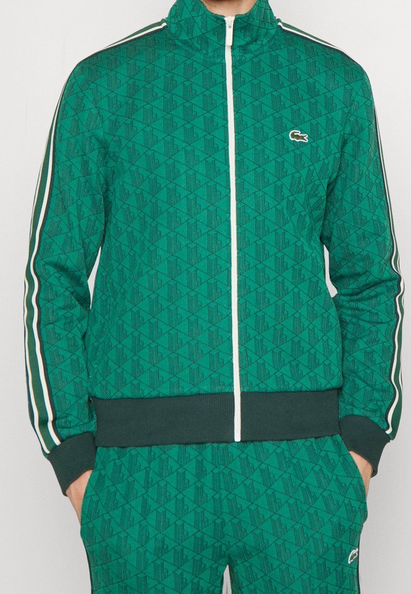 Veste zippée verte à motif avec des bandes blanches sur les manches et un pantalon assorti, avec un petit logo crocodile sur la poitrine et le pantalon.