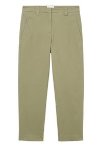 Pantalon droit vert olive clair avec passants de ceinture, poches avant et fermeture par bouton à la taille.