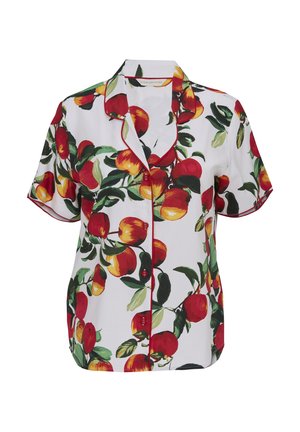 Chemise de pyjama blanche à manches courtes avec imprimé pommes rouges et jaunes et feuilles vertes, bordures rouges et boutons à l’avant.