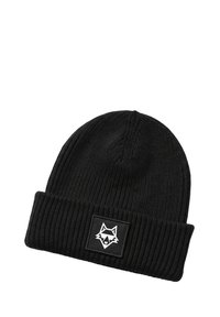 Black knitted beanie with a foldable cuff, featuring a square patch embossed with a white fox design on a black background.