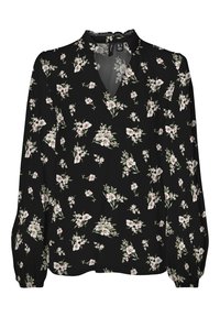 Schwarze Bluse mit V-Ausschnitt und langen Ärmeln. Verfügt über ein Blumenmuster in zartem Rosa und Grün sowie geraffte Bündchen. Leichte Stoffqualität.