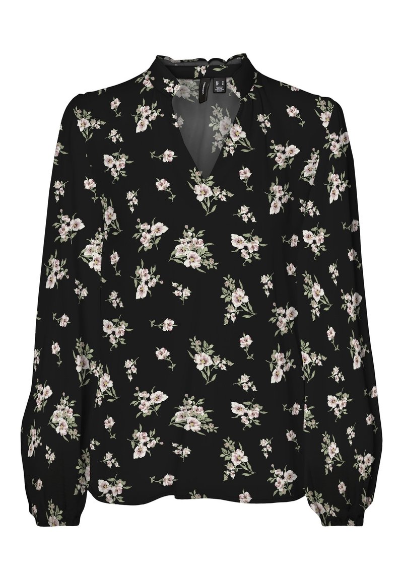 Schwarze Bluse mit V-Ausschnitt und langen Ärmeln. Verfügt über ein Blumenmuster in zartem Rosa und Grün sowie geraffte Bündchen. Leichte Stoffqualität.