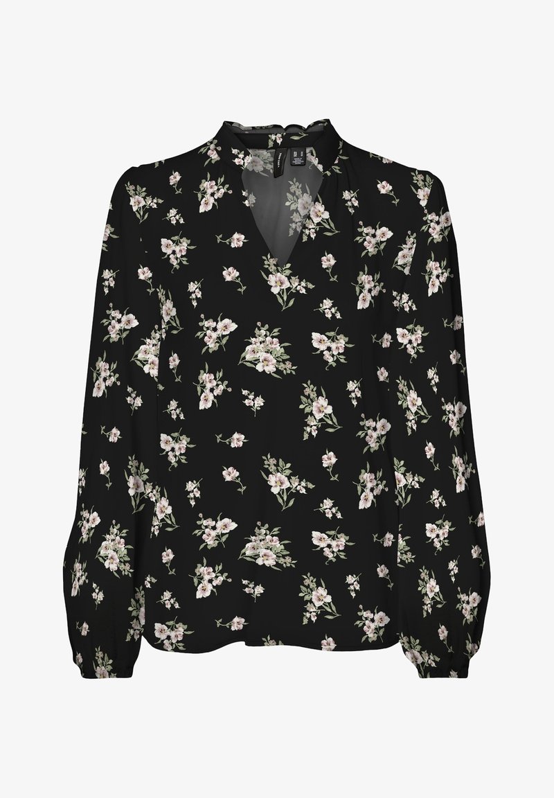 Schwarze Bluse mit V-Ausschnitt und langen Ärmeln. Verfügt über ein Blumenmuster in zartem Rosa und Grün sowie geraffte Bündchen. Leichte Stoffqualität.