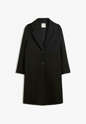 Black coat with a notched collar, two front pockets, and button closure. Made of soft fabric, featuring a straight silhouette and knee-length design.