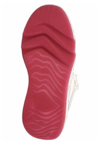 Red rubber outsole with wavy tread patterns, featuring a beige upper with a side zipper. Size marked as 28, indicating children's footwear.