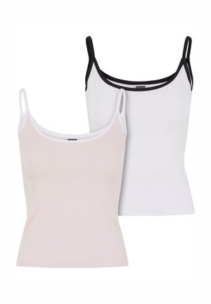 Deux camisoles ajustées, l'une en rose pâle et l'autre en blanc, toutes deux avec des bretelles fines et une garniture noire contrastante le long du décolleté.