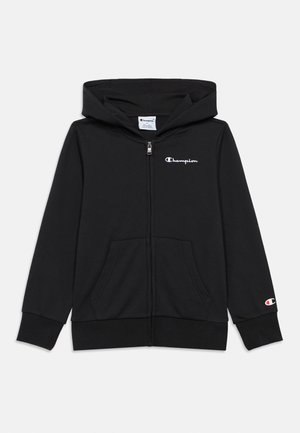 Black zip-up hoodie made of cotton-blend fabric, featuring a front pocket, embroidered logo on chest, and logo detail on sleeve.