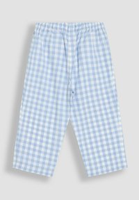 Modré a biele nohavice s károvaným vzorom, s elastickým pásom a skrátenou dĺžkou. Hladký textil s voľným strihom.