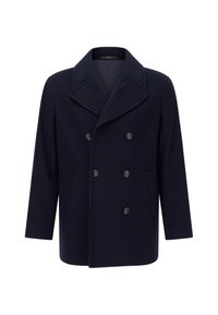 Marineblauer Wollpeacoat mit einem doppelt geknöpften Design, breiten Revers und großen schwarzen Knöpfen. Verfügt über Seitentaschen.
