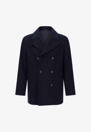 Jūrininkų palto iš vilnos su dviguba užsegimo sistema, plačiais atvartais ir didelėmis juodomis sagomis. Turi šonines kišenes.