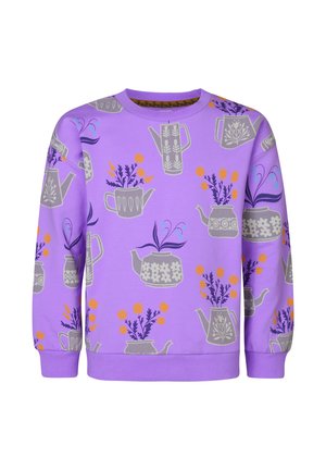 Lila Sweatshirt mit einem Muster aus grauen Teekannen und Vasen mit bunten Blumen. Details umfassen gerippte Bündchen und einen gerippten Kragen.