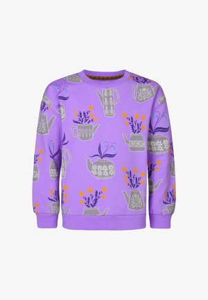 Felpa viola con un motivo di teiere grigie e vasi con fiori colorati. Dettagli includono polsini e collo a costine.