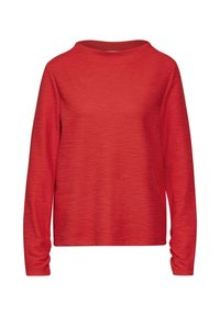 Rotes Langarmoberteil mit rundem Ausschnitt, aus strukturiertem Stoff, mit lockeren Ärmeln und lässiger Passform. Keine sichtbaren Verschlüsse.