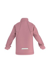Giacca in fleece rosa con colletto alto, spalle basse e polsini elasticizzati. Caratterizzata da dettagli riflettenti e cuciture sul retro.