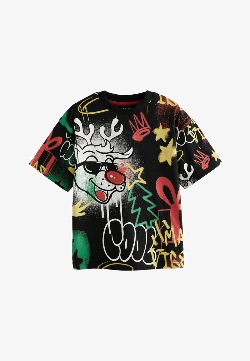 Black short-sleeve T-shirt featuring colorful graffiti-style designs, including a smiling reindeer, stars, and abstract patterns.